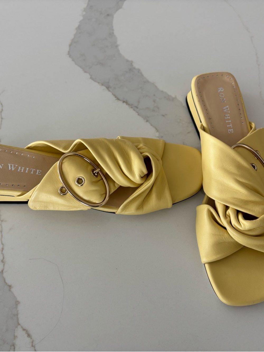 Rox White Yellow Knotted Slide Mules with Gold Buckle